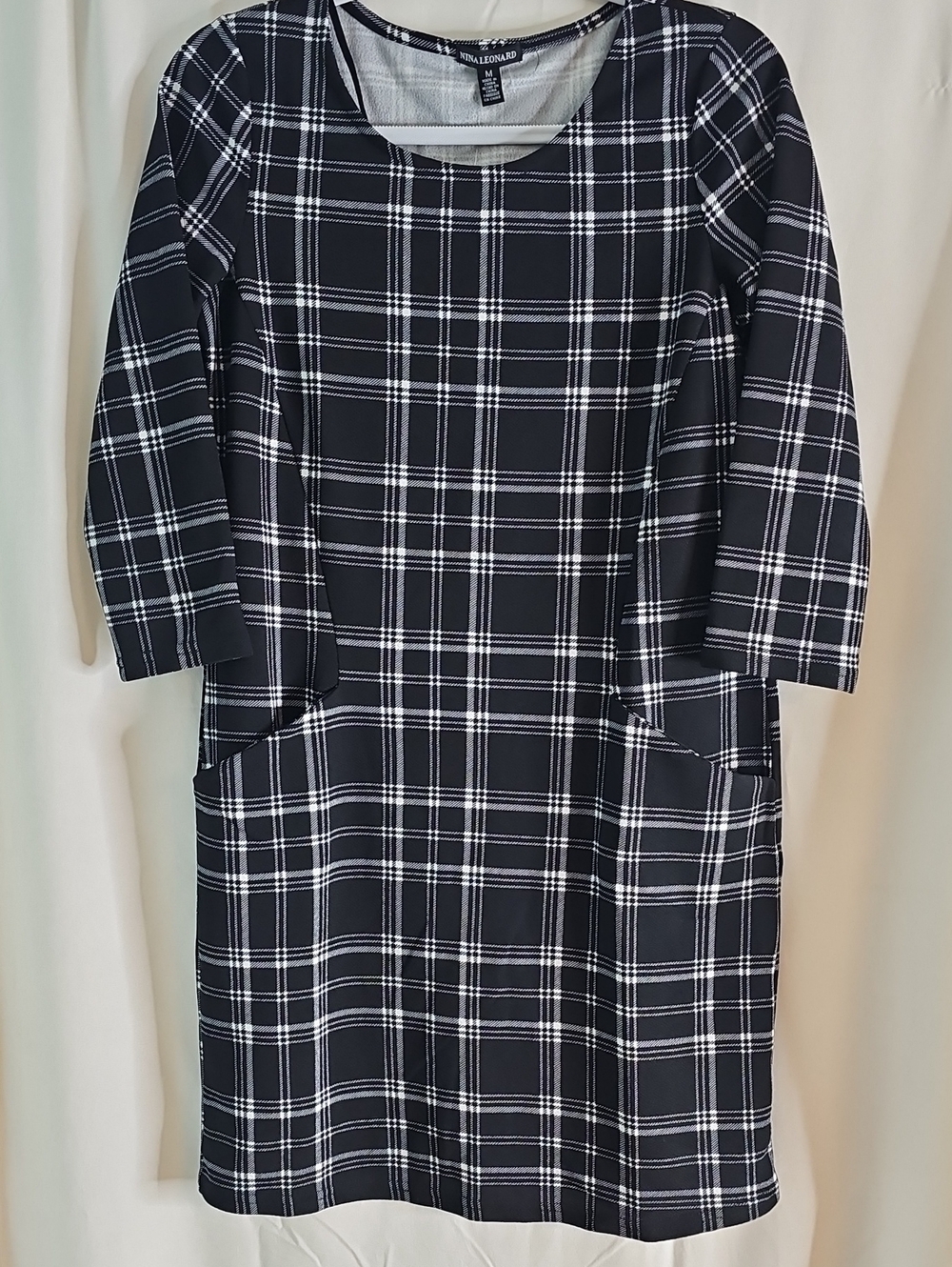 Nina Leonard Black & White Plaid Long Sleeve Shift Dress